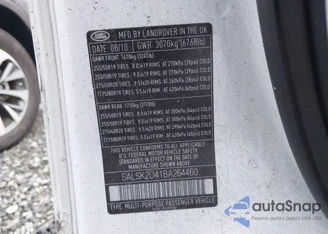 2011 Land Rover Range Rover Sport Hse из США, поврежденный, VIN SALSK2D41BA264460